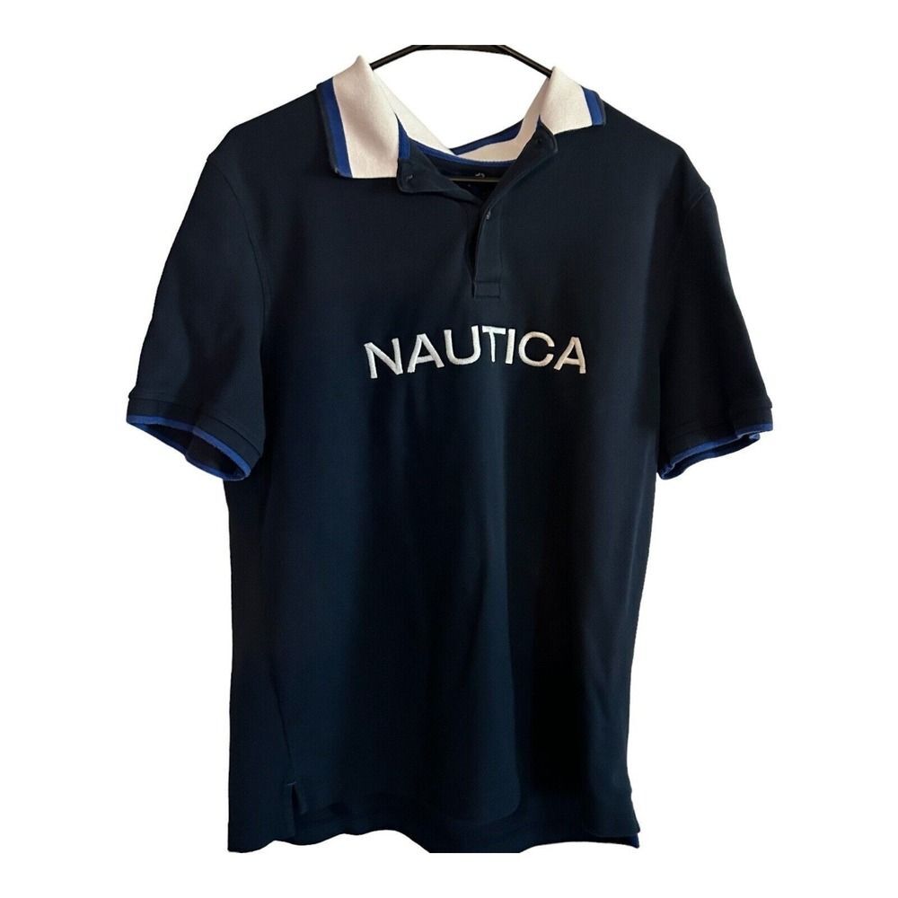 Nautica Spellout Logo Mens Polo Shirt Size Large Embroidered Navy with White